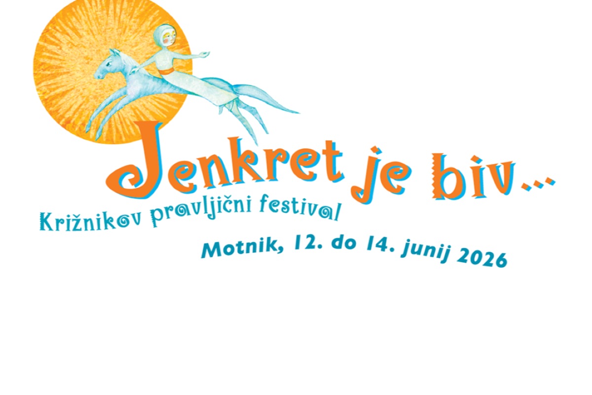 Plakat za Križnikov pravljični festival »Jenkret je biv…« v Motniku, ki bo potekal od 12. do 14. junija 2026. Na plakatu je ilustracija svetlo modrega jezdeca na konju pred velikim oranžnim soncem ter napis v oranžni in turkizni barvi.
