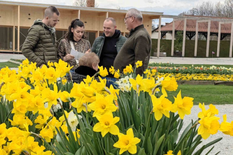 Sprehodi z Modro palico v Arboretumu Volčji Potok, skupina obiskovalcev ob cvetočih narcisah se orientira v prostoru