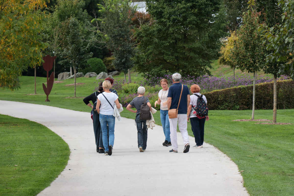 Sprehodi z Modro palico v Arboretumu Volčji Potok, skupina udeležencev hodi po široki poti skozi park