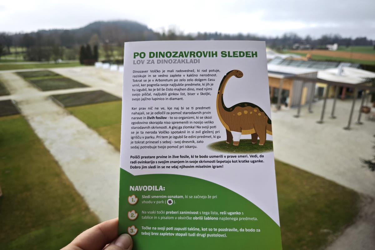 Po dinozavrovih sledeh – Lov za dinozakladi Knjižica Po dinozavrovih sledeh z nalogami o živih fosilih v Arboretumu Volčji Potok Napis: Po dinozavrovih sledeh, knjižica z namigi, zanimivostmi in nalogami za lov na dinozaklade