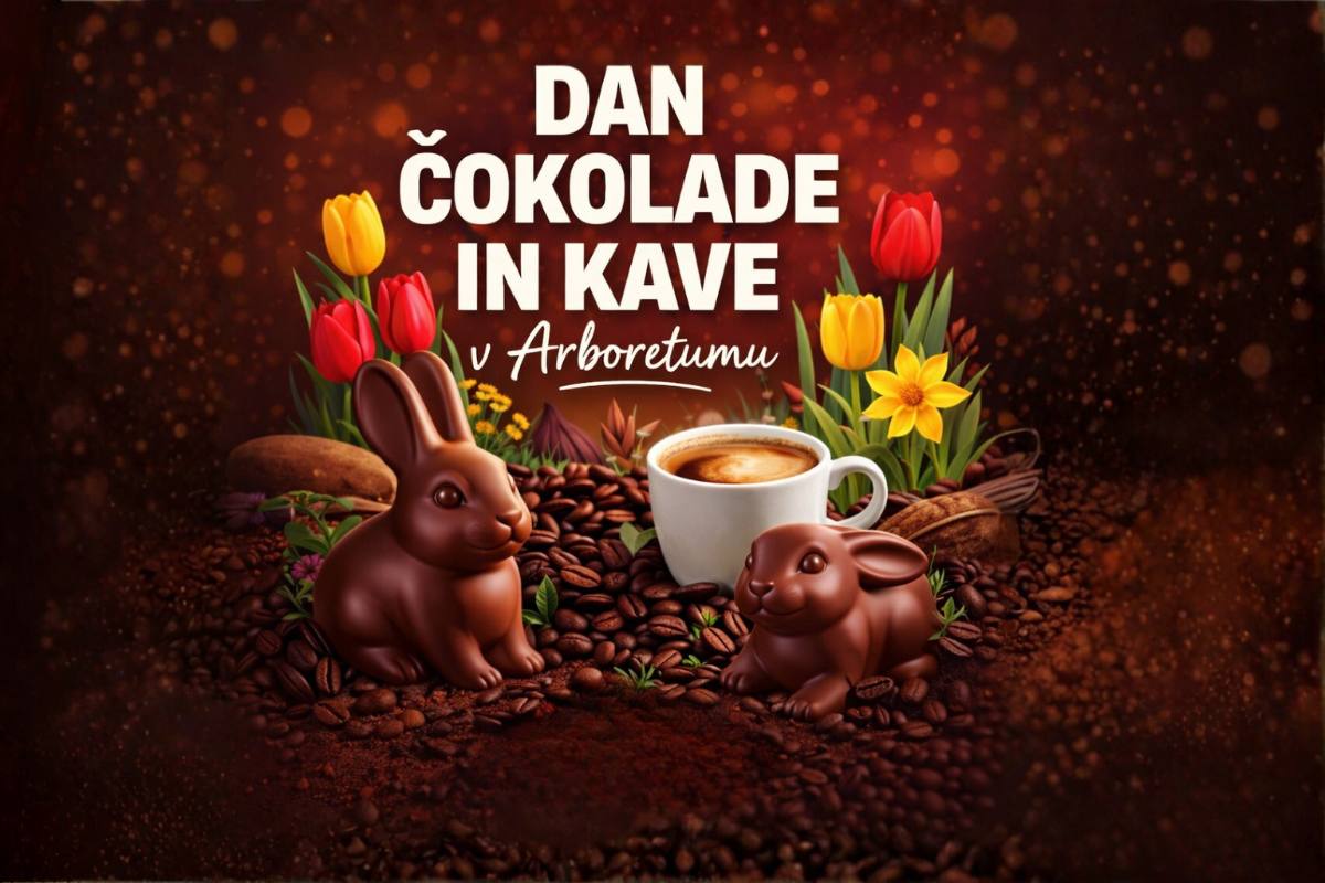 Vabilo na Dan čokolade in kave v Arboretumu: čokoladna zajčka med kavnimi zrni in spomladanskim cvetjem na toplem rjavem ozadju.