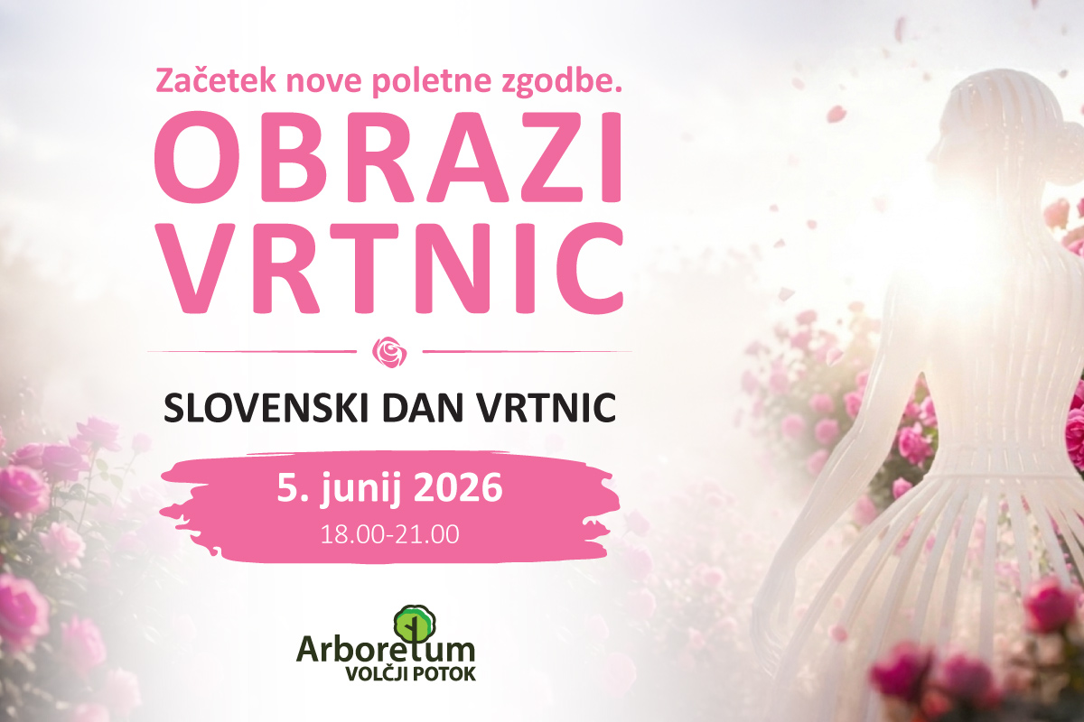 Promocijska grafika za dogodek Obrazi vrtnic, Slovenski dan vrtnic v Arboretumu Volčji Potok, 5. junija 2026 od 18.00 do 21.00. V ozadju so rožnati cvetovi vrtnic in bela ženska figura med vrtnicami.