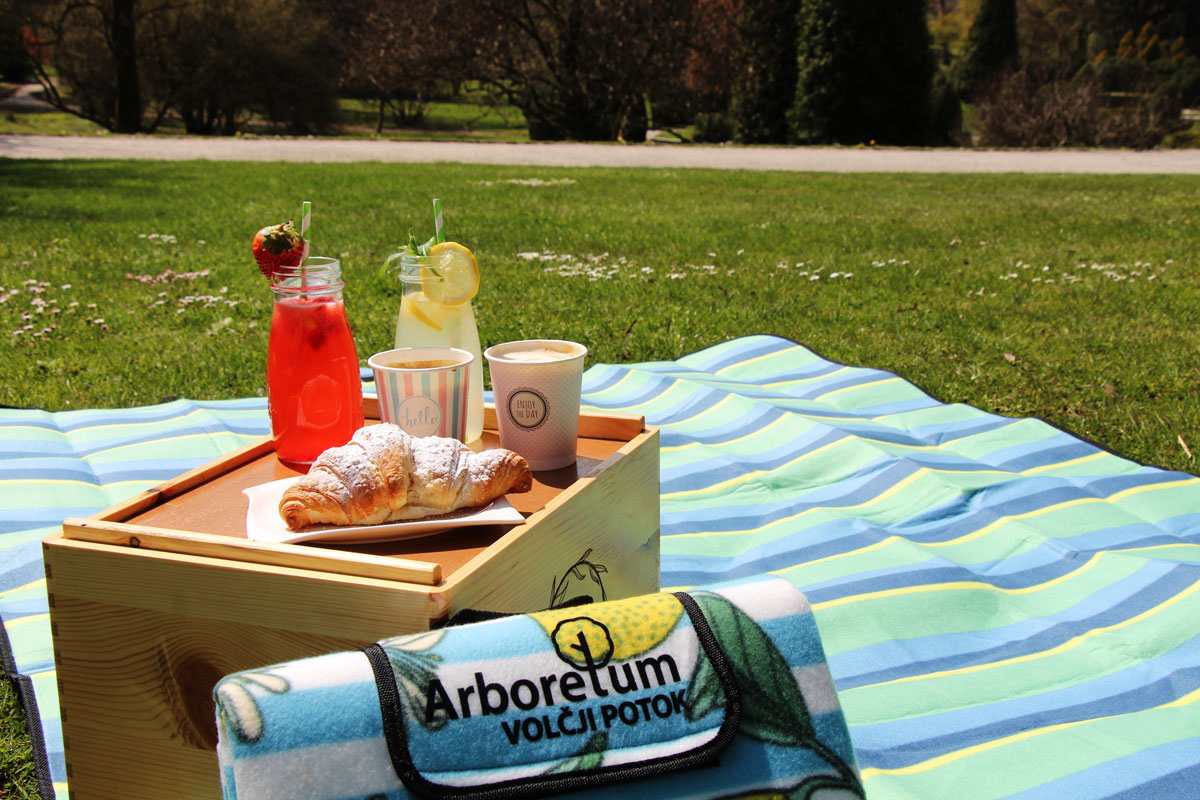 Piknik paket v Arboretumu Volčji Potok Na piknik odeji v parku stoji lesen zabojček s pijačo, kavo in rogljičkom, ob njem pa je odeja z napisom Arboretum Volčji Potok.