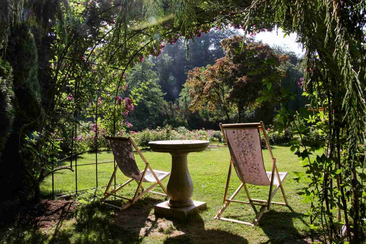Ležalniki med vrtnicami Mirna vrtna scena v Arboretumu z dvema ležalnikoma in okroglo mizo na travniku. Pogled je uokvirjen z zelenjem, vejami in cvetočimi vrtnicami, v ozadju pa se odpira sončen rozarij z drevesi in grmovnicami.