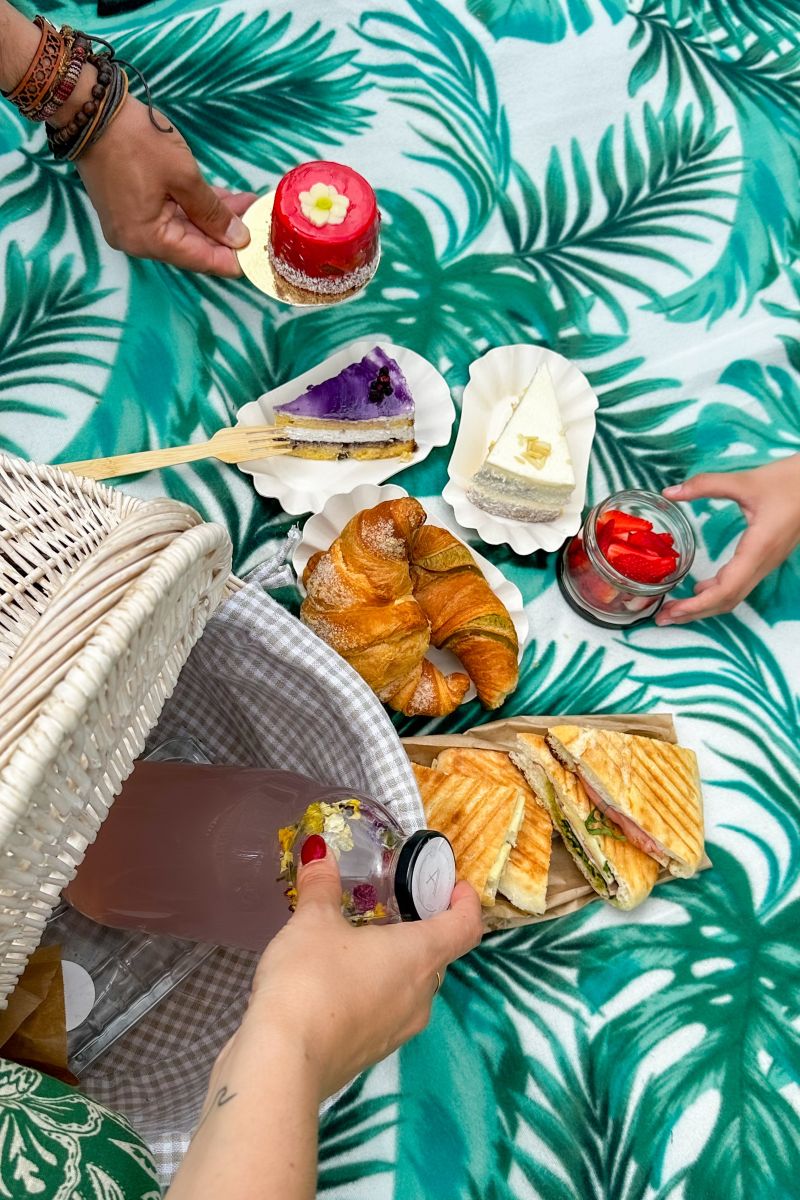Piknik paket OBRAZI VRTNIC na poletni odeji Pogled od zgoraj na piknik odejo z zelenim listnim vzorcem, na kateri so piknik košara, rogljički, sendviči, rezine tort, sladica z rdečo glazuro, jagode v kozarčku in steklenica rožnate limonade. Roke na fotografiji segajo po sladicah in pijači.