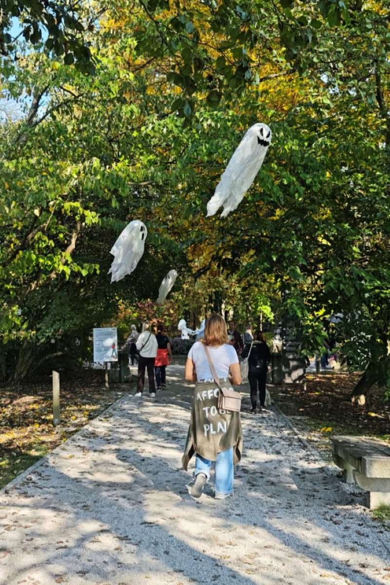 Sprehod po začaranem parku Obiskovalci hodijo po peščeni poti pod drevesi, s katerih na različnih višinah visijo beli duhci s črnimi obrazi.