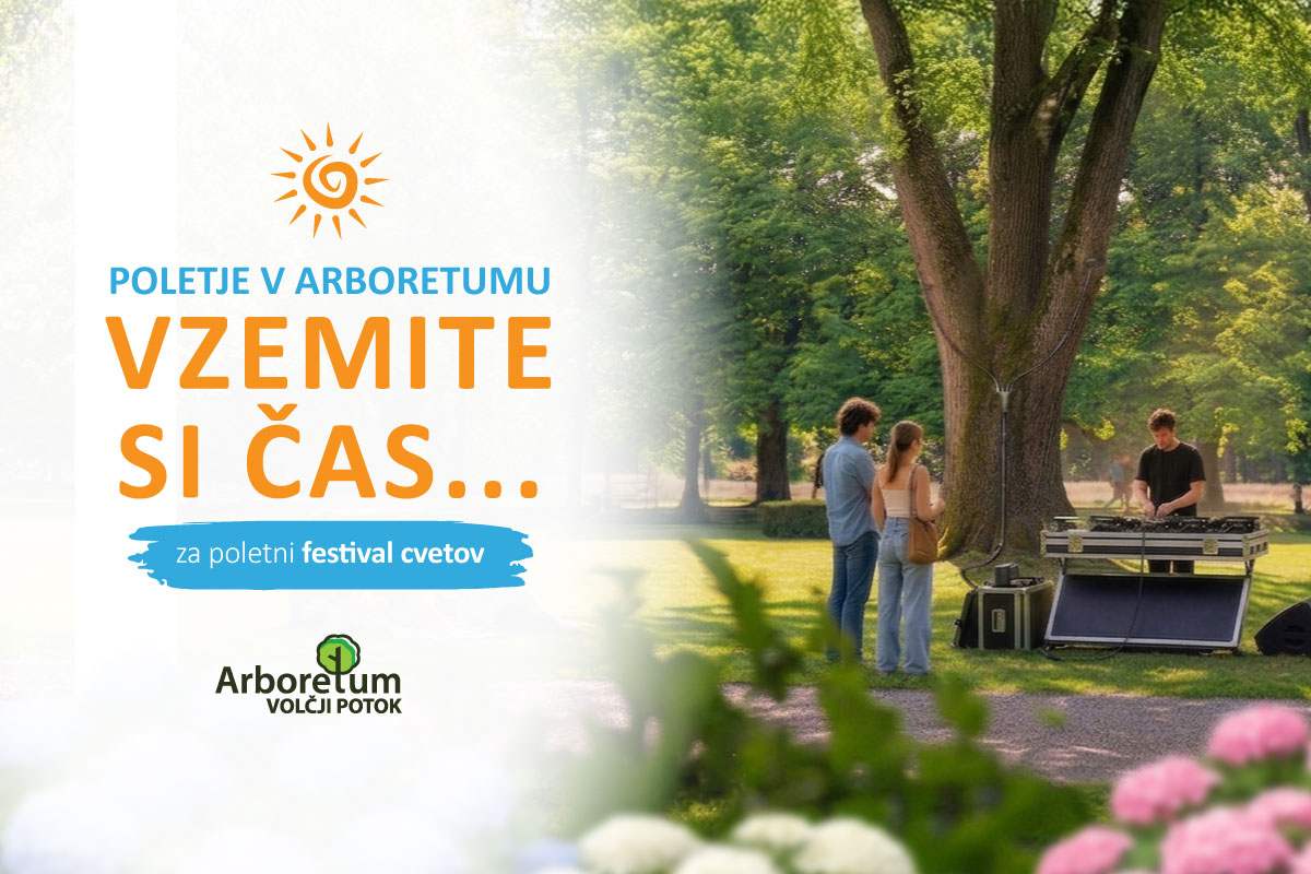 Obiskovalci stojijo v poletni senci dreves ob glasbeni opremi, ob fotografiji je napis Poletje v Arboretumu,