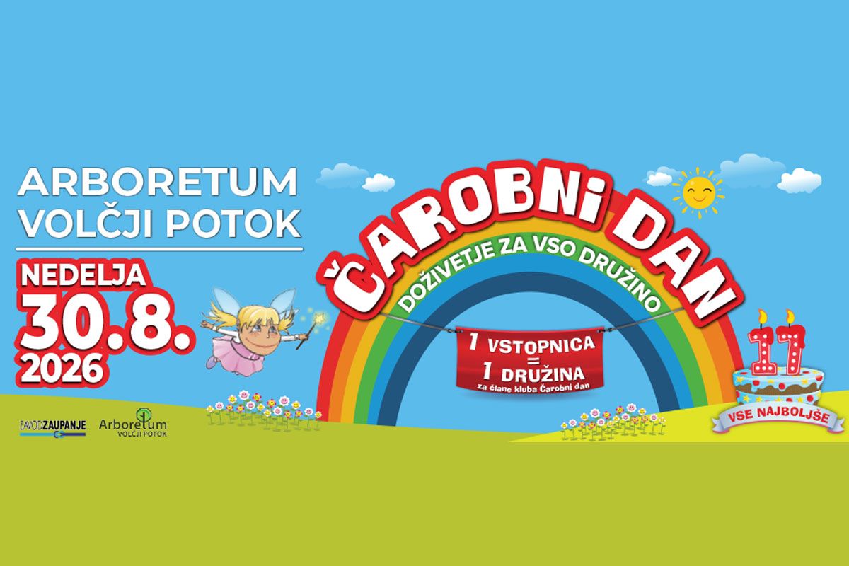 Promocijska ilustracija Čarobnega dne z mavrico in letečo vilo. Na vrhu sta napisa »Čarobni dan« in »Doživetje je za vso družino«.