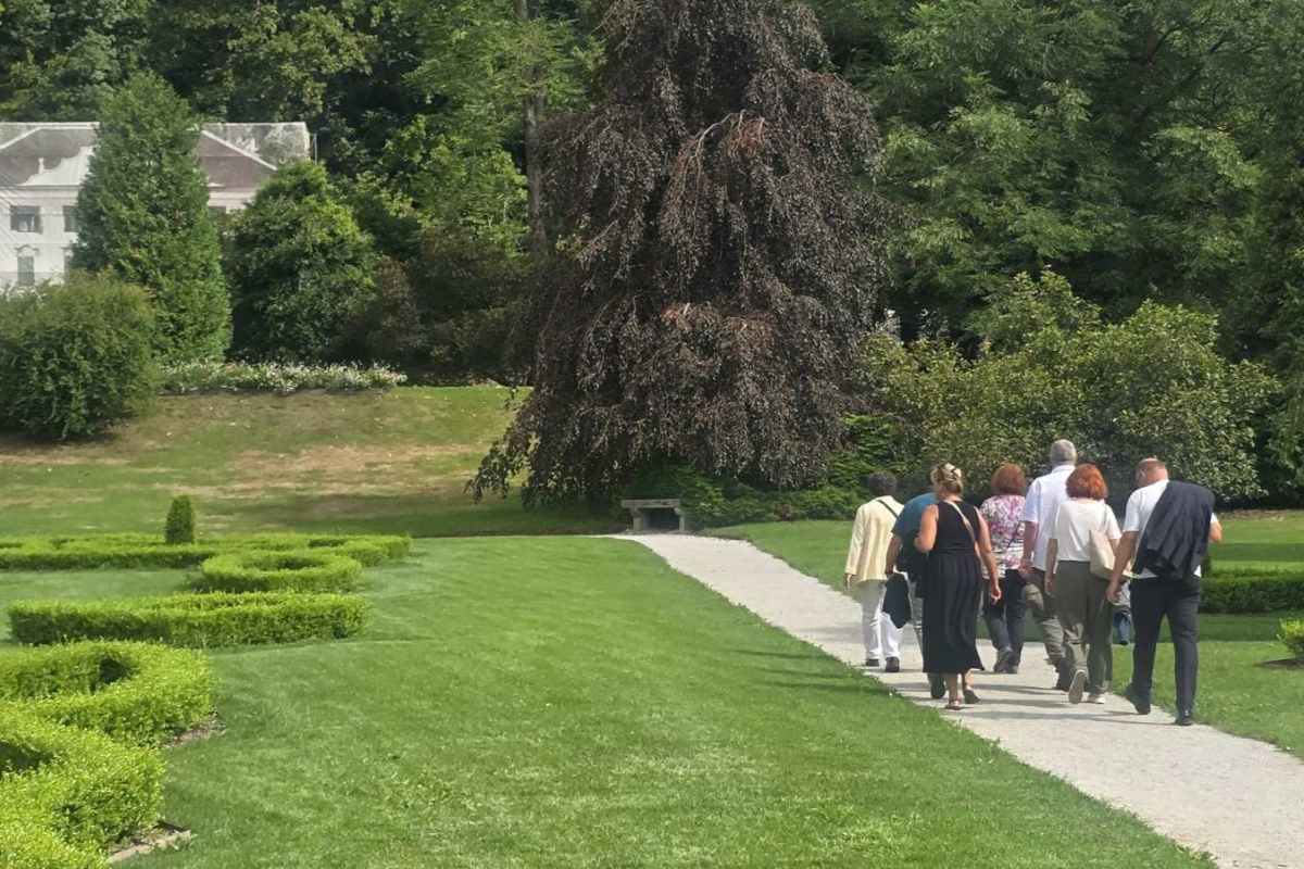 Sprehod skozi francoski vrt Skupina ljudi se po široki peščeni poti sprehaja skozi urejen zeleni park proti velikemu drevesu.
