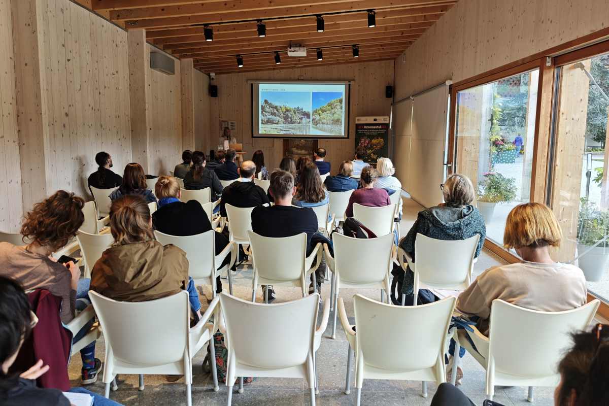 Strokovna predavanja v Arboretumu, 2026 Udeleženci v leseni predavalnici spremljajo predavanje s projekcijo fotografij zelenih površin.