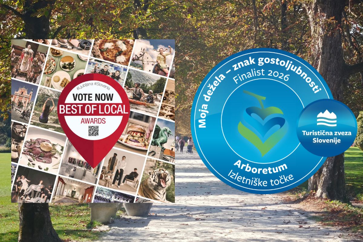 Na ozadju jesenskega drevoreda sta poziv h glasovanju Best Of Local in znak Arboretuma kot finalista izbora Moja dežela 2026.