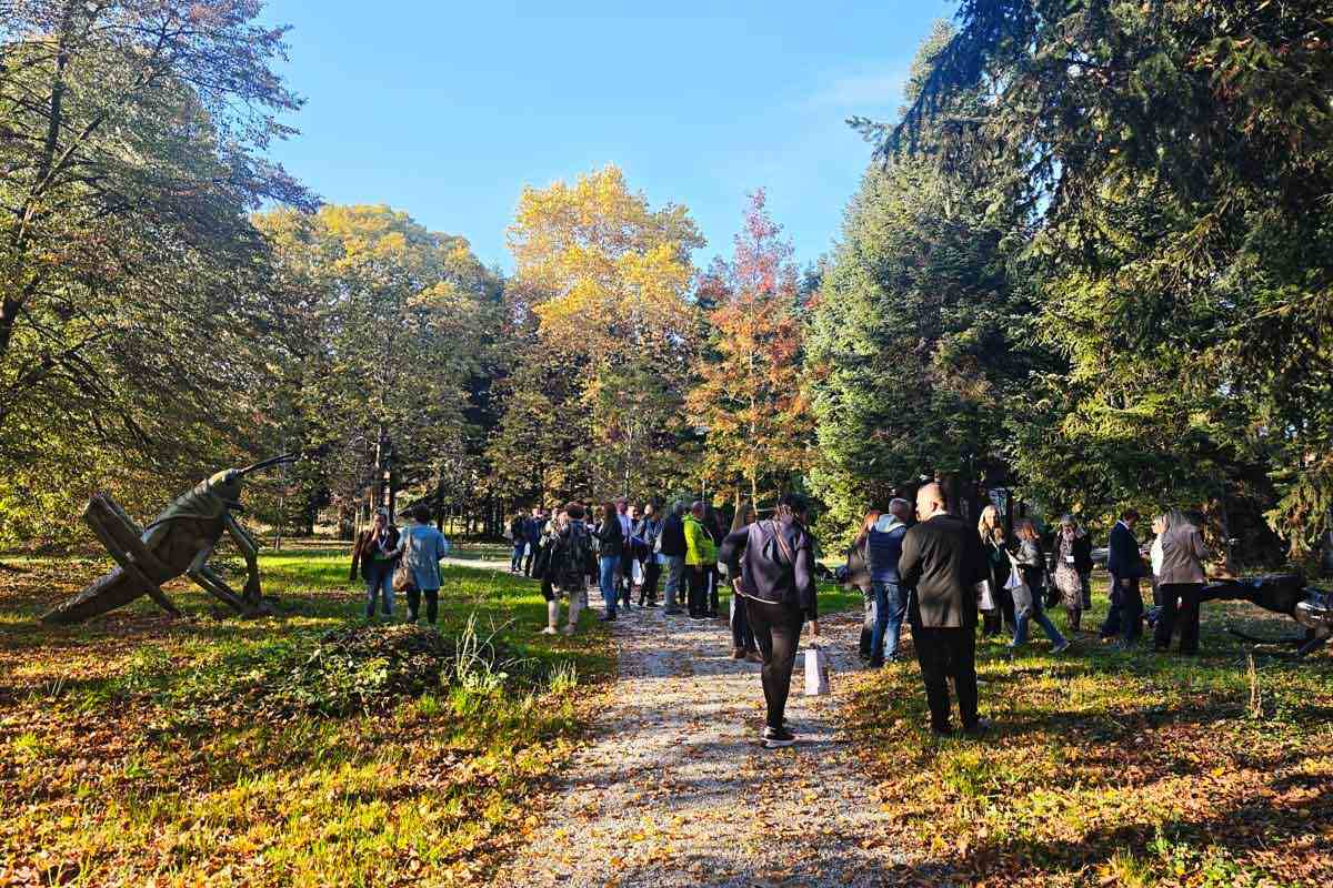 Skupina obiskovalcev na makadamski poti med visokimi drevesi v jesenskih barvah v Arboretumu Opeka. Skupina obiskovalcev na makadamski poti med visokimi drevesi v jesenskih barvah v Arboretumu Opeka.