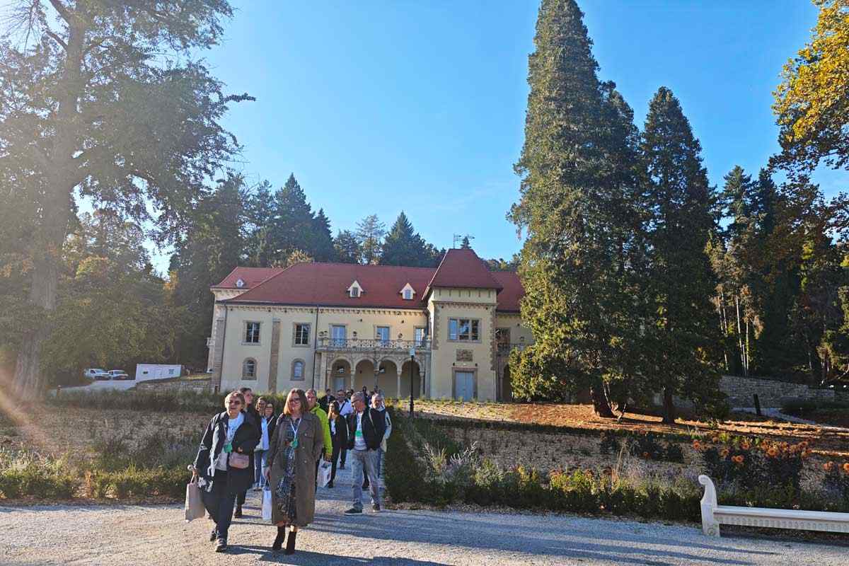 Obiskovalci hodijo po poti pred svetlim dvorcem Opeka z rdečo streho, ob katerem rastejo visoka drevesa.