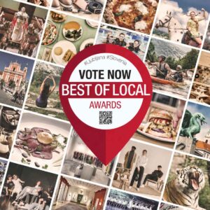 Poziv »Glasujte zdaj« za Best Of Local Awards na kolažu fotografij kulinarike, kulture, znamenitosti in doživetij.
