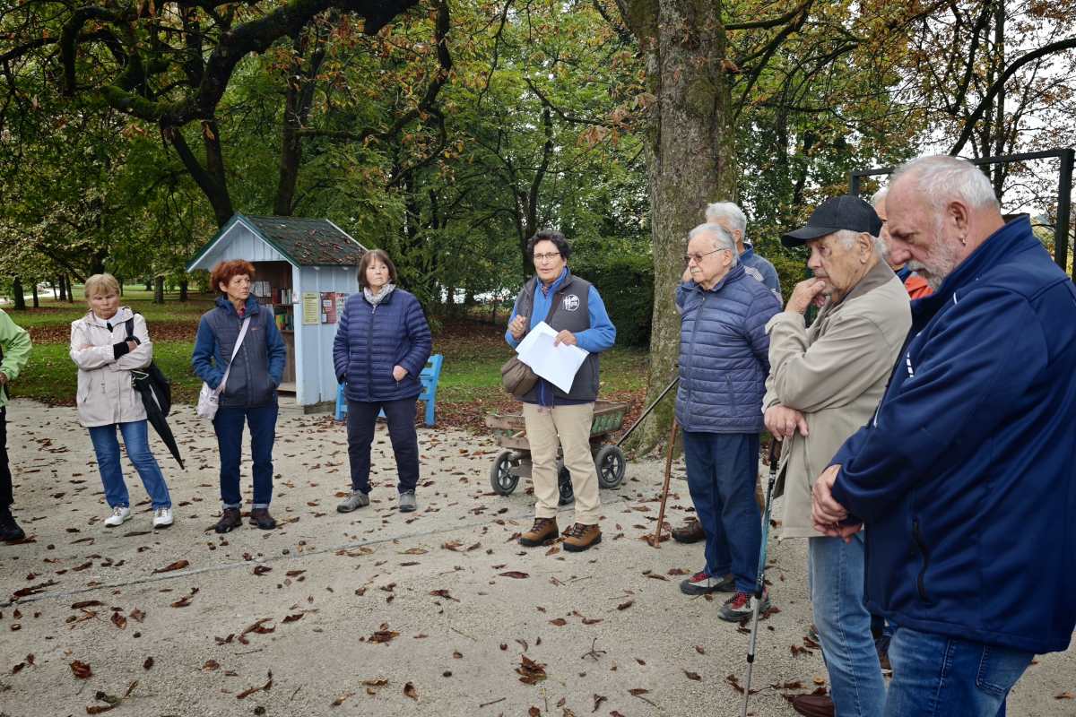 Zgodba o Modri palici z Zdenko Čebašek-Travnik Zdenka Čebašek-Travnik s papirji v rokah pripoveduje udeležencem oktobrskega sprehoda z Modro palico v Arboretumu Volčji Potok. Udeleženci stojijo v polkrogu pod jesenskimi drevesi in pozorno poslušajo.
